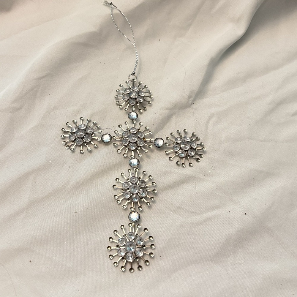 Vintage Y2K Rhinestone Snowburst Cross Ornament 6"x 4.5" Silver‎ Tone Christmas
